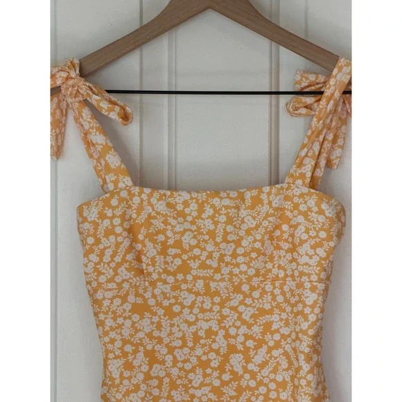 Citrine | One Piece Swimsuit Small Yellow Floral Tie Shoulder Square Neck Beach - Picture 3 of 7